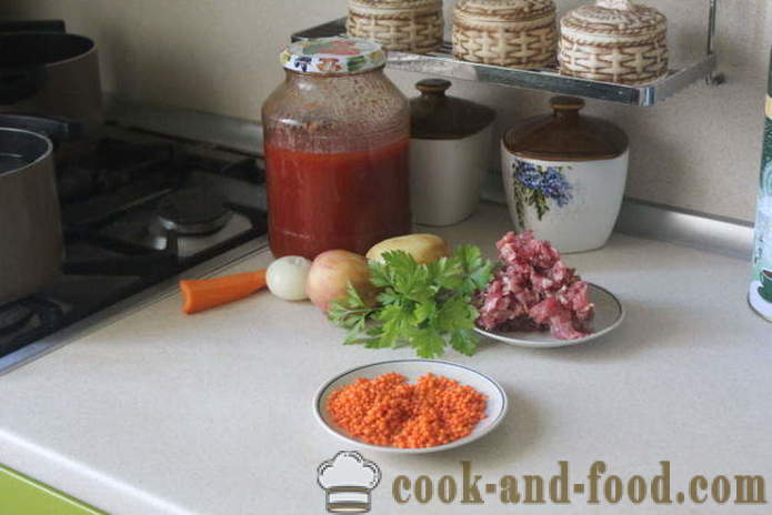 Απλή σούπα κόκκινο φακές με κεφτεδάκια και ντομάτα - πώς να μαγειρεύουν σούπα από κόκκινες φακές, με μια βήμα προς βήμα φωτογραφίες συνταγή