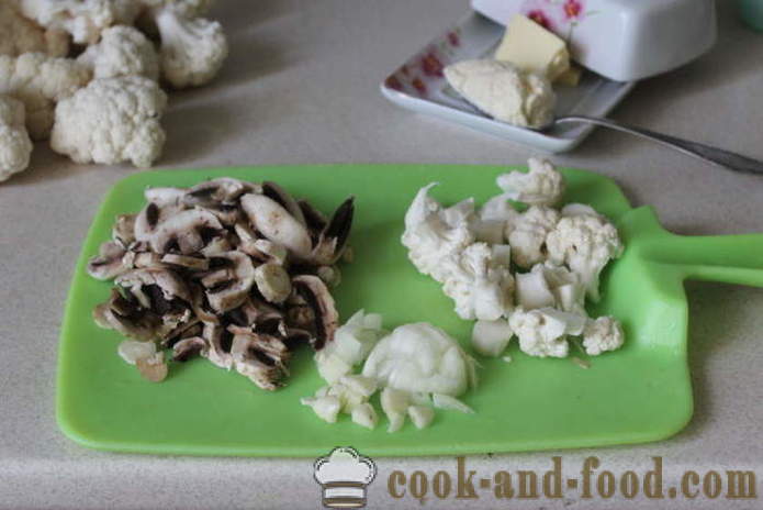 Κρεμώδης σούπα με μανιτάρια και κουνουπίδι - πώς να μαγειρεύουν τη σούπα με μανιτάρια, ένα βήμα προς βήμα φωτογραφίες συνταγή