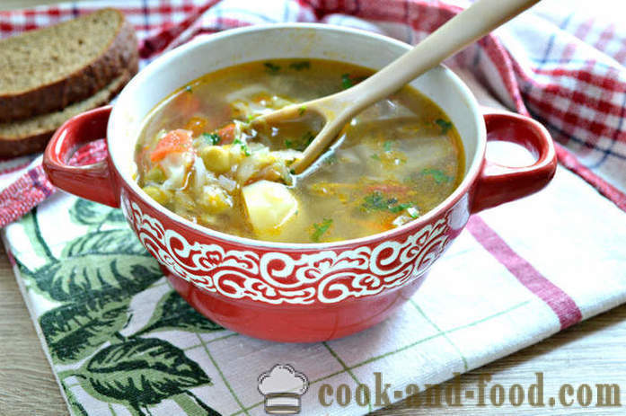Σούπα με τα κονσερβοποιημένα μπιζέλια και λάχανο - πώς να μαγειρεύουν σούπα με λάχανο και τα μπιζέλια, ένα βήμα προς βήμα φωτογραφίες συνταγή