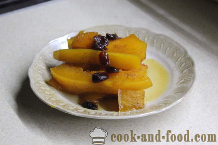 Ψητή κολοκύθα με μέλι, αποξηραμένα φρούτα και μπαχαρικά - πώς να ψήνουν τις φέτες κολοκύθας στο φούρνο, με μια βήμα προς βήμα φωτογραφίες συνταγή