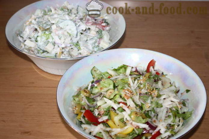 Σαλάτα με λαχανικά και μοτσαρέλα - πώς να κάνει μια σαλάτα με λαχανικά και τυρί, με μια βήμα προς βήμα φωτογραφίες συνταγή