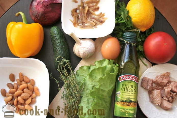 Γαλλική σαλάτα Niçoise κλασικό - με τόνο και φασόλια, πώς να προετοιμάσει μια σαλάτα με τόνο, βήμα προς βήμα φωτογραφίες συνταγή