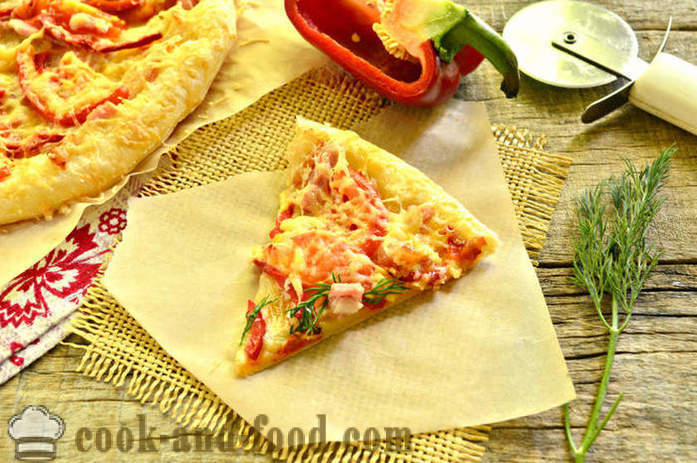Πίτσα Puff Puff ζαχαροπλαστικής με μπέικον και πιπεριά - πώς να προετοιμάσει άζυμο πίτσα από τη ζύμη, βήμα προς βήμα φωτογραφίες συνταγή