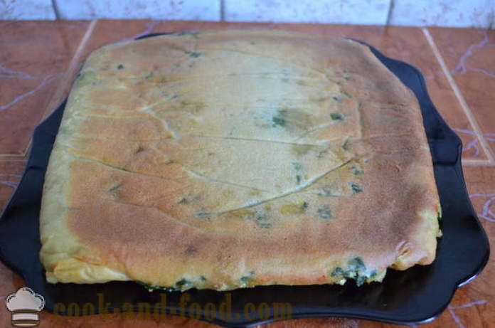 Γρήγορη τούρτα πλήρωσης για γιαούρτι με σπανάκι, αυγό και τα πράσινα κρεμμύδια - πώς να προετοιμάσει ζελατινοποιημένου κέικ με κεφίρ, μια βήμα προς βήμα φωτογραφίες συνταγή