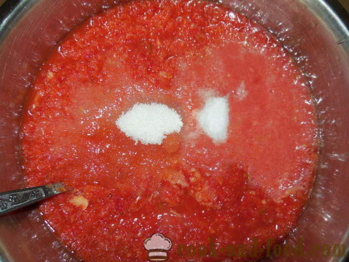 Adjika σάλτσα νόστιμη ντομάτα, κουδούνι και καυτερή πιπεριά, χωρίς μαγείρεμα - πώς να μαγειρεύουν Adjika σάλτσα πιπέρι και τις ντομάτες