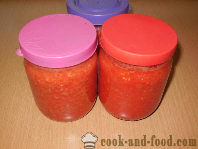 Adjika σάλτσα νόστιμη ντομάτα, κουδούνι και καυτερή πιπεριά, χωρίς μαγείρεμα - πώς να μαγειρεύουν Adjika σάλτσα πιπέρι και τις ντομάτες