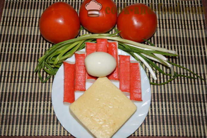 Σαλάτα με ραβδιά καβούρι, τις ντομάτες, το τυρί και τα αυγά - πώς να μαγειρέψουν μια νόστιμη σαλάτα ραβδιά καβουριών, ένα βήμα προς βήμα φωτογραφίες συνταγή