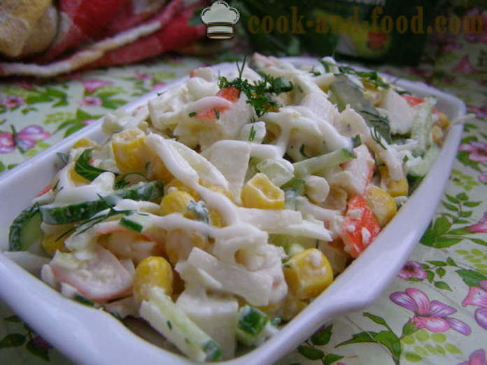 Νόστιμη σαλάτα καβούρι με καλαμπόκι και τα αυγά - πώς να μαγειρεύουν σαλάτα καβούρι με καλαμπόκι γρήγορο και νόστιμο, με μια βήμα προς βήμα φωτογραφίες συνταγή