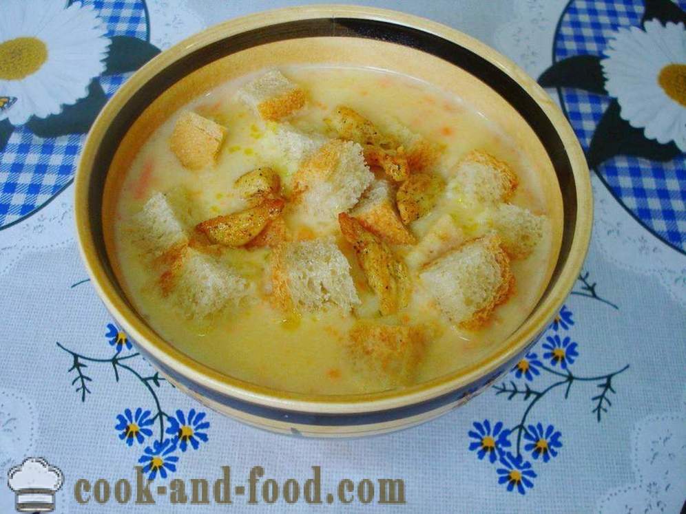 Σούπα Μπιζέλι με κοτόπουλο και κρουτόν - πώς να μαγειρεύουν σούπα με μπιζέλια με κοτόπουλο και λιωμένο τυρί, μια βήμα προς βήμα φωτογραφίες συνταγή