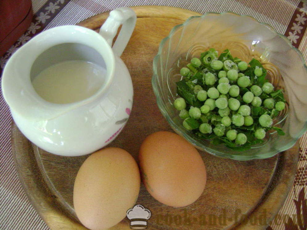 Πλούσια ομελέτα με γάλα, σπανάκι και αρακά - πώς να κάνει μια αφράτη ομελέτα σε ένα τηγάνι, με μια βήμα προς βήμα φωτογραφίες συνταγή