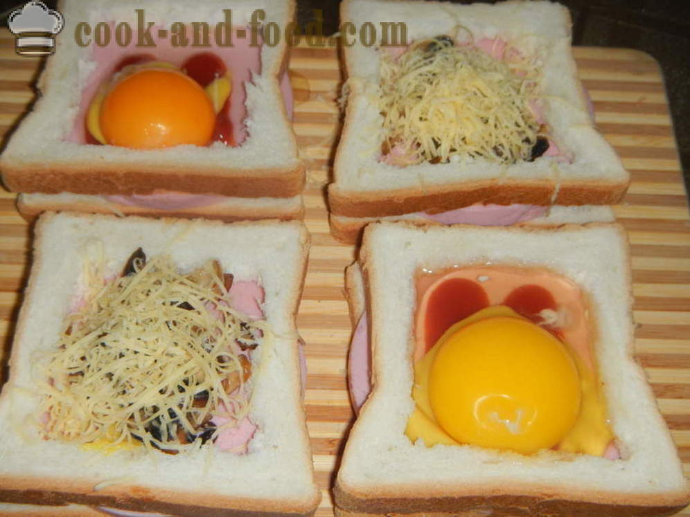 Ζεστό σάντουιτς με αυγό στο φούρνο - πώς να κάνει ένα ζεστό σάντουιτς με αυγά, λουκάνικο και μανιτάρια, βήμα προς βήμα φωτογραφίες συνταγή