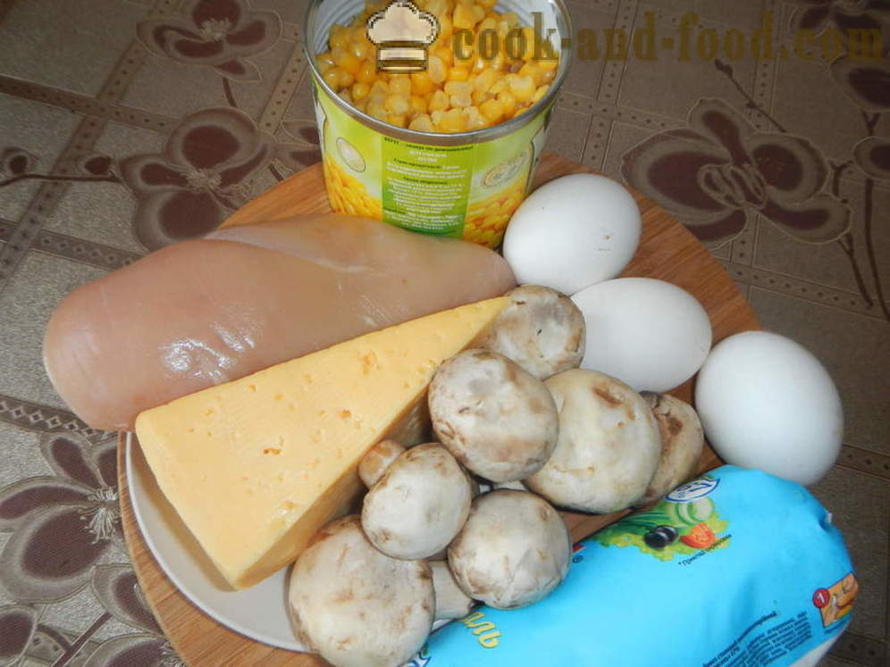 Στρώματα σαλάτα: κοτόπουλο, μανιτάρια, τυρί και αυγά - πώς να σχεδιάσει μια σαλάτα στρώματα, ένα βήμα προς βήμα φωτογραφίες συνταγή