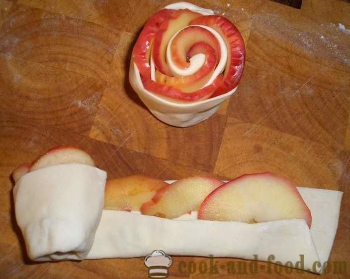 Rose τούρτα της σφολιάτας και τα μήλα κάτω από το χιόνι ζάχαρη άχνη - τη συνταγή στο φούρνο, με φωτογραφίες