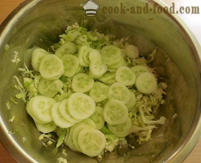 Νόστιμη σαλάτα των νέων λάχανο και τα αγγούρια με το ξίδι και το ηλιέλαιο - ένα βήμα προς βήμα φωτογραφίες συνταγή