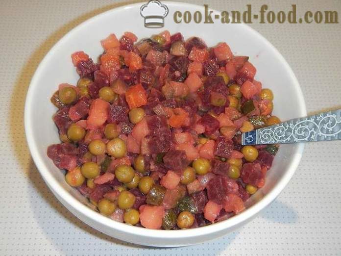 Χειμώνας σαλάτα μαρούλι με αρακά και χωρίς λάχανο τουρσί - πώς να κάνει μια βινεγκρέτ, μια βήμα προς βήμα συνταγή με φωτογραφίες.