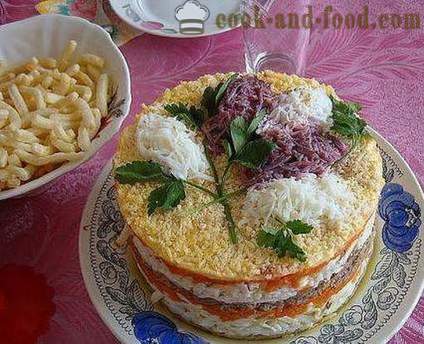 Mimosa σαλάτα - turn-based κλασική συνταγή με το τυρί, το βούτυρο, τα κονσερβοποιημένα τρόφιμα και πατάτες (φωτογραφία, βίντεο)
