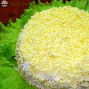 Mimosa σαλάτα - turn-based κλασική συνταγή με το τυρί, το βούτυρο, τα κονσερβοποιημένα τρόφιμα και πατάτες (φωτογραφία, βίντεο)